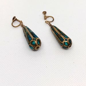 Vintage Screwback with Turquoise Inlay Drop Earrings